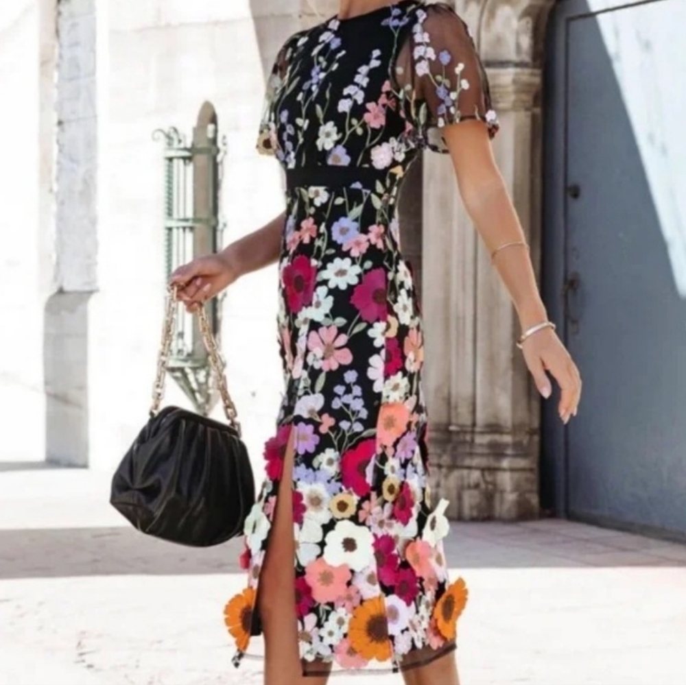 Floral Mesh Midi Dress in Black with Multicolor Blooms